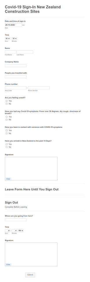 Covid 19 Sign In New Zealand Construction Sites Form Template