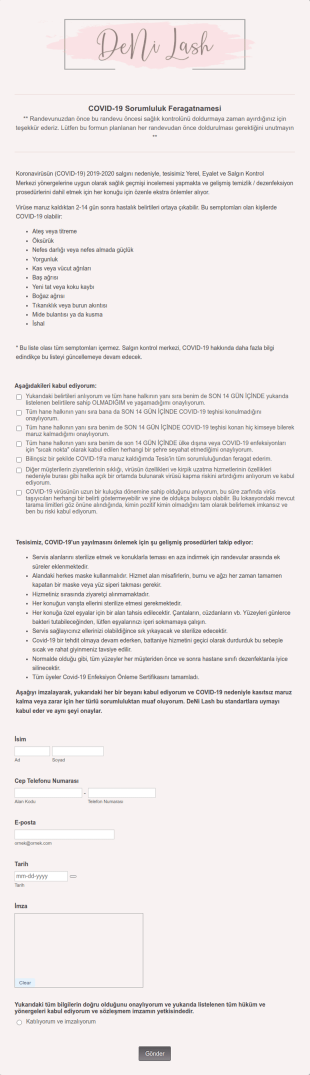 COVID 19 Sorumluluk Form Şablonu