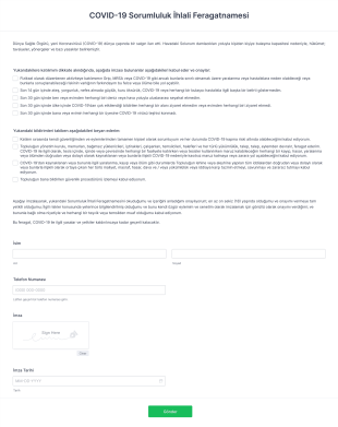 COVID 19 Sorumluluk İhlali Feragatnamesi Form Şablonu