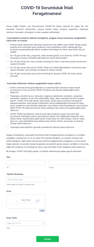 COVID 19 Sorumluluk İhlali Feragatnamesi Form Şablonu