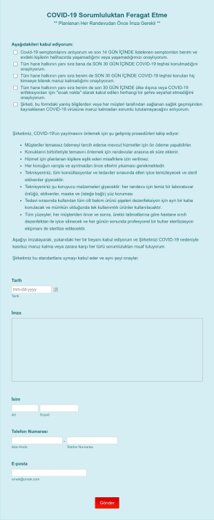 COVID 19 Sorumluluktan Feragat Etme Form Template