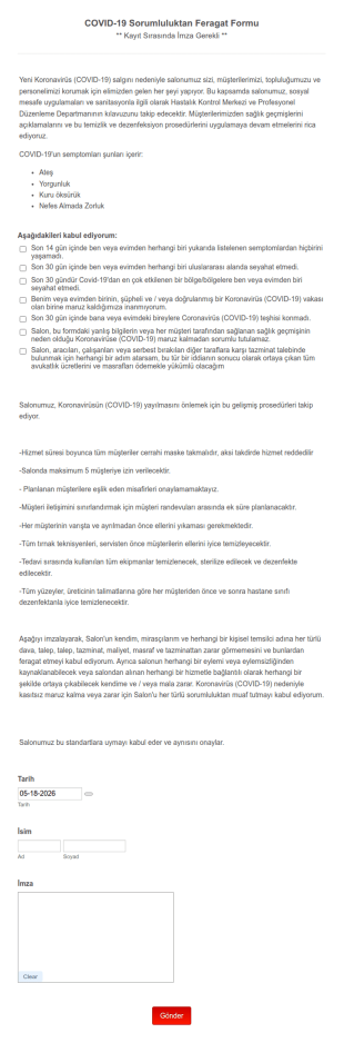 COVID 19 Sorumluluktan Feragat Form Şablonu