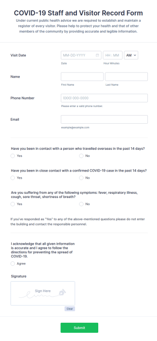 COVID 19 Staff And Visitor Record Form Template