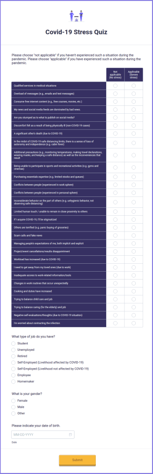 Covid 19 Stress Quiz Form Template