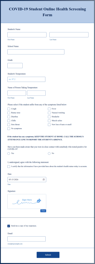 COVID 19 Student Online Health Screening Form Template
