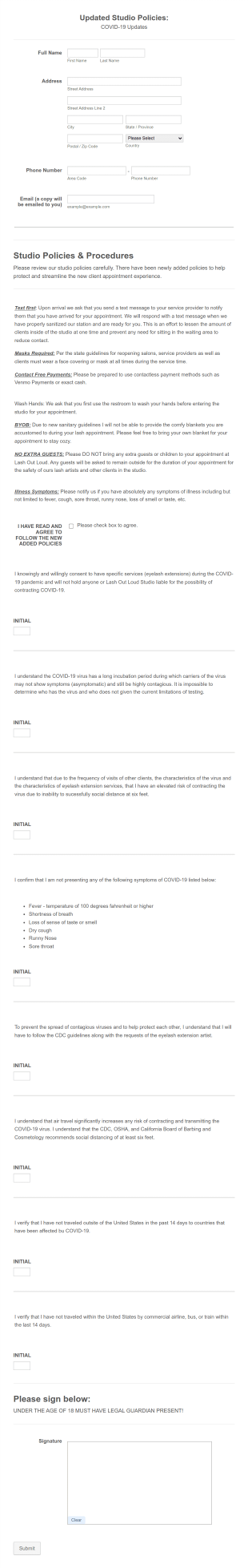 COVID 19 Studio Consent Form Template