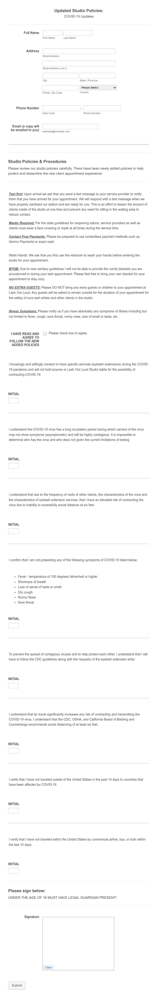 COVID 19 Studio Consent Form Template