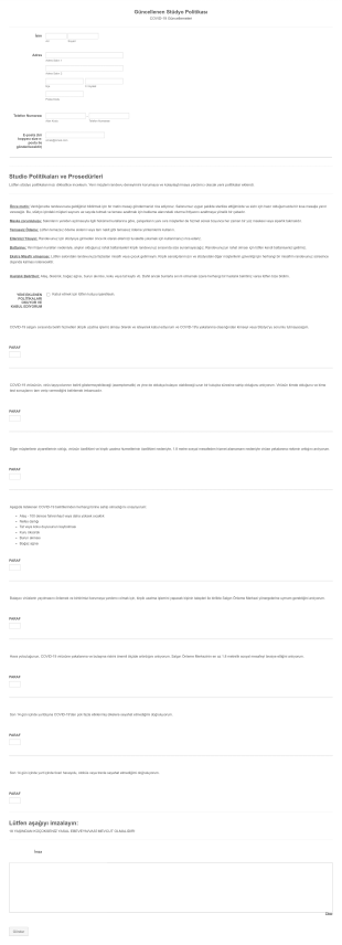 COVID 19 Stüdyo Onay Form Şablonu