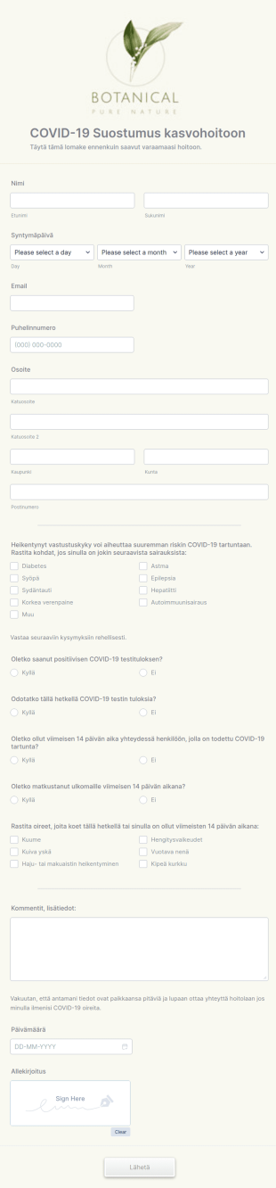 COVID 19 Suostumus Kasvohoitoon