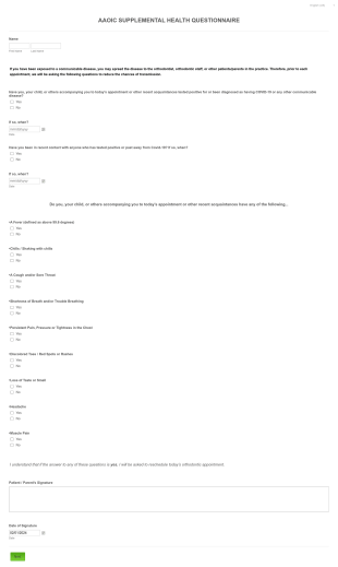 COVID 19 Supplemental Health Questionnaire Form Template