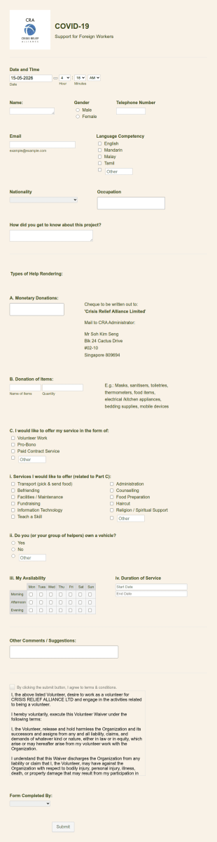 COVID 19 Support Form For Foreign Workers