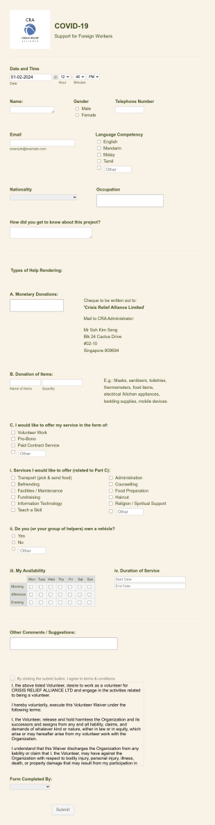 COVID 19 Support Form For Foreign Workers