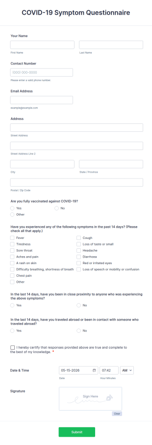 COVID 19 Symptom Questionnaire Form Template