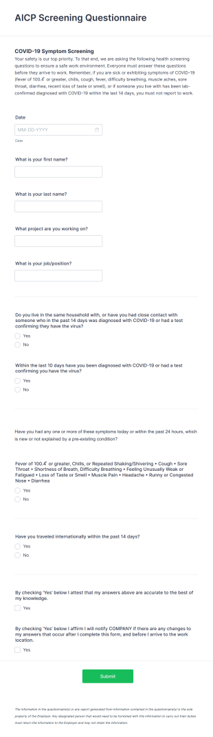 COVID 19 Symptom Screening Questionnaire Form Template