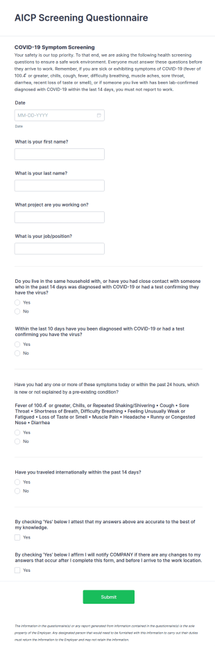 COVID 19 Symptom Screening Questionnaire Form Template