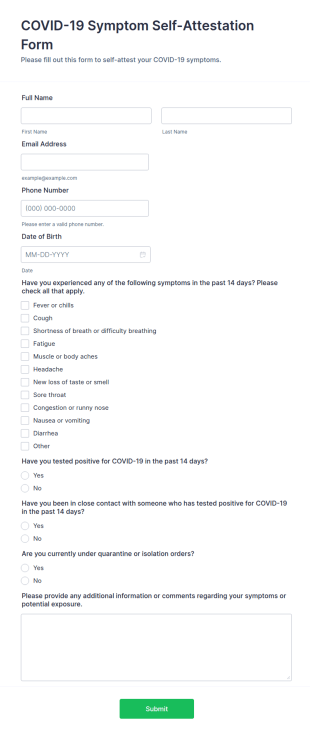 COVID 19 Symptom Self Attestation Form Template