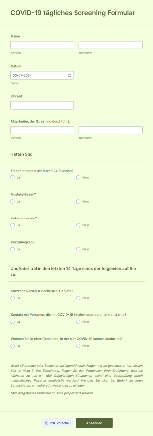 COVID 19 Tägliches Screening Formular Form Template