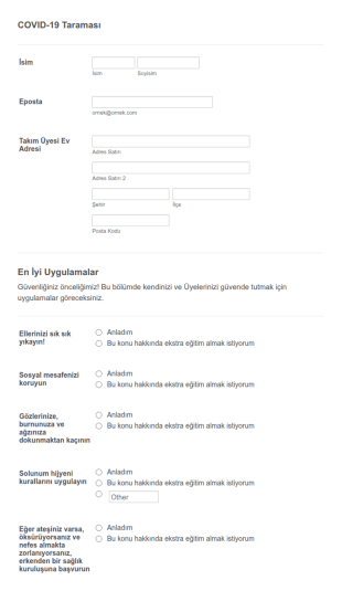 COVID 19 Takım Anketi Form Şablonu