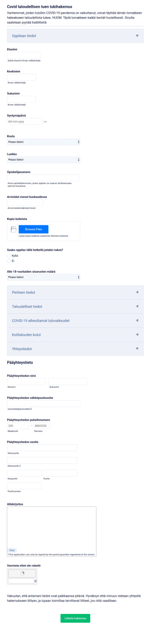 COVID 19 Taloudellisen Tuen Tukihakemus