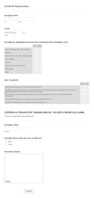 Covid 19 Tarama Aracı Form Şablonu
