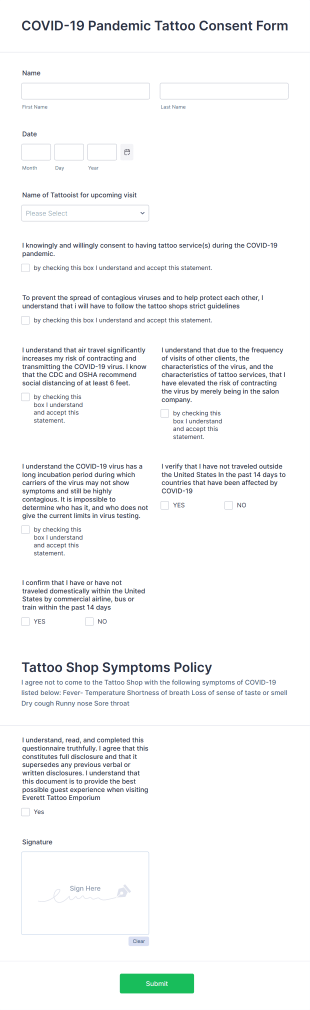 COVID 19 Tattoo Consent Form Template