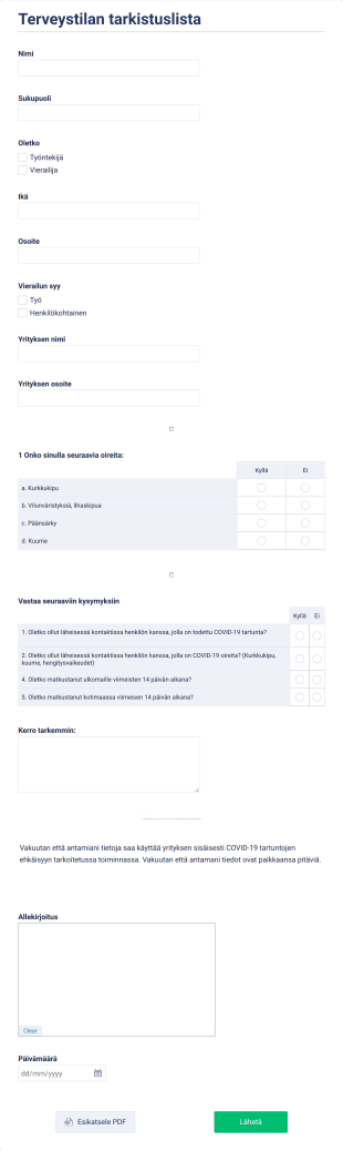 Covid 19 Terveystilan Tarkistuslista