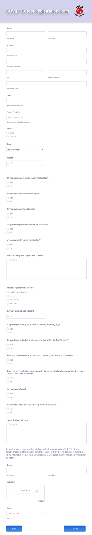 COVID 19 Test Registration Form Template
