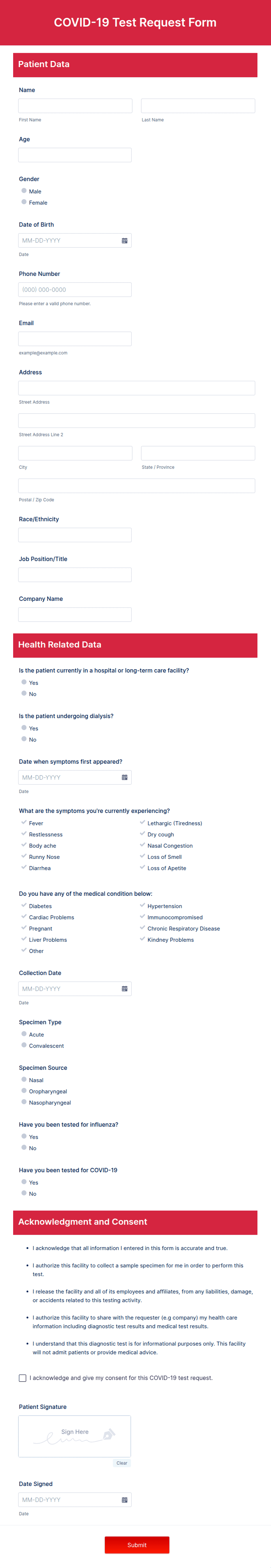 Covid Test Control Form.pdf COVID-19 Test Request Form Template | Jotform