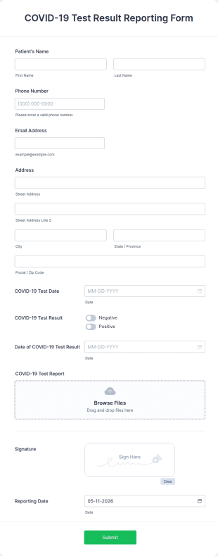 COVID 19 Test Result Reporting Form Template