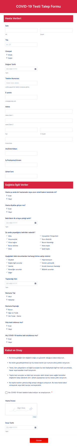 COVID 19 Testi Talep Form Şablonu