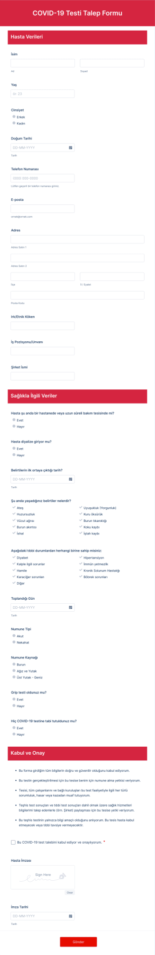 COVID 19 Testi Talep Form Template