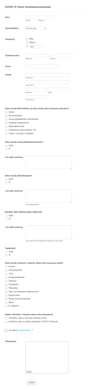 COVID 19 Testin Ilmoittautumislomake