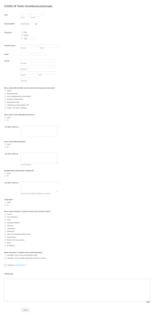 COVID 19 Testin Ilmoittautumislomake Form Template