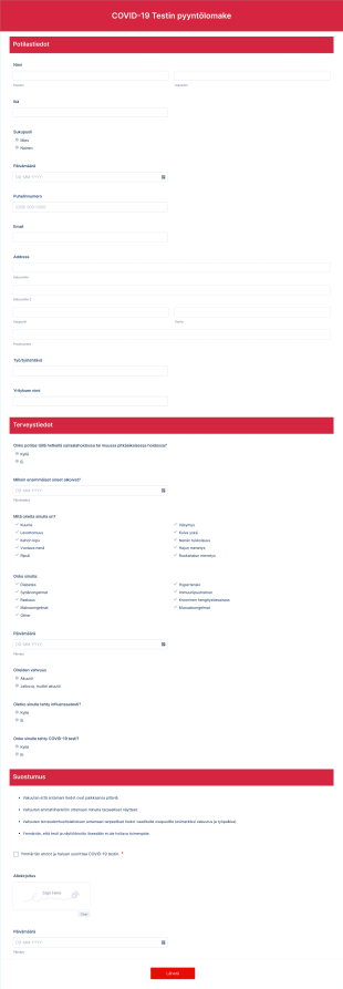 COVID 19 Testin Pyyntölomake Form Template