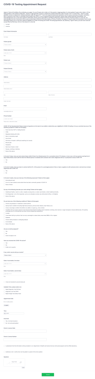 COVID 19 Testing Appointment Request Form Template