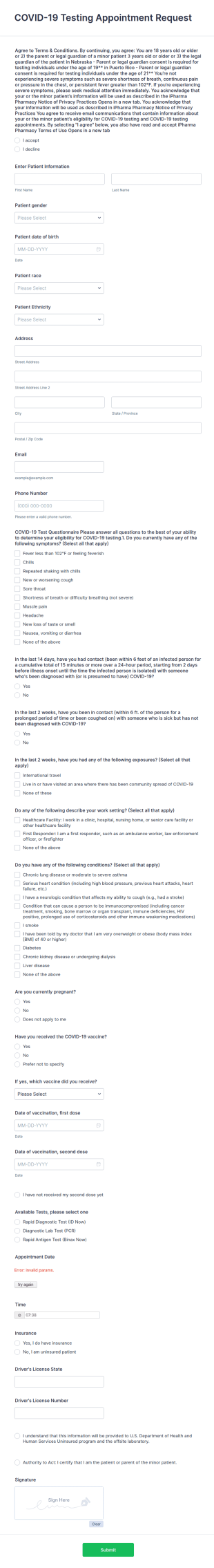 COVID 19 Testing Appointment Request Form Template