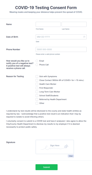 COVID 19 Testing Consent Form Template