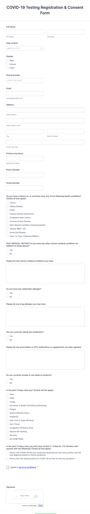 COVID 19 Testing Registration And Consent Form Template
