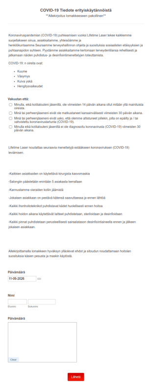 COVID 19 Tiedote Erityiskäytännöistä