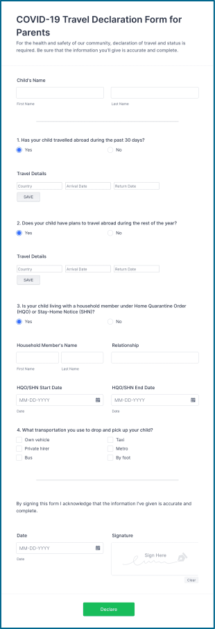 COVID 19 Travel Declaration Form For Parents Form Template