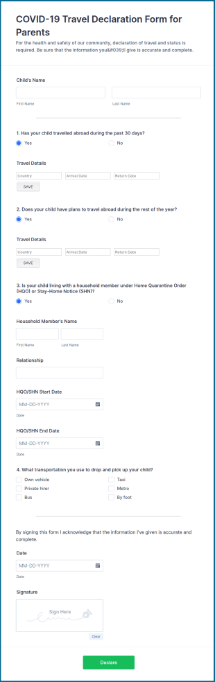 COVID 19 Travel Declaration Form For Parents