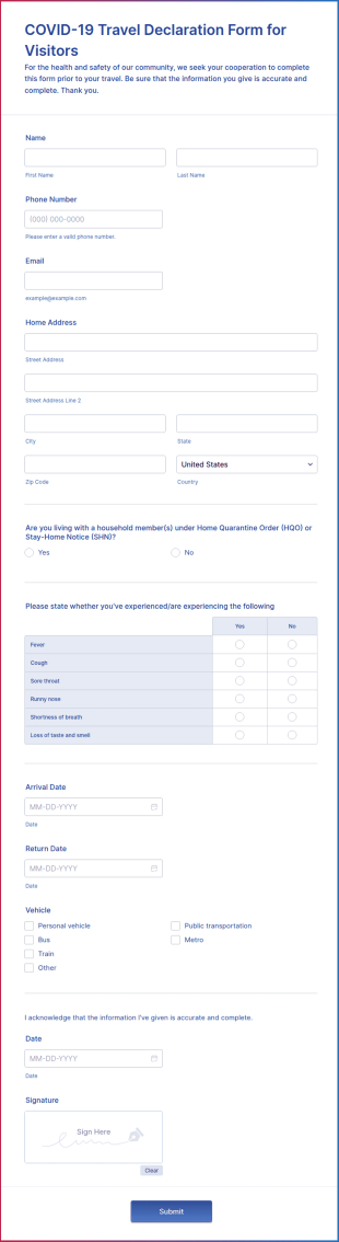 COVID 19 Travel Declaration Form For Visitors