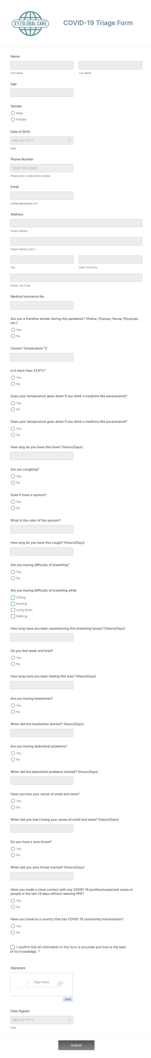 COVID 19 Triage Form Template