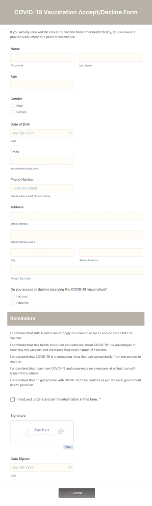 COVID 19 Vaccination AcceptDecline Form Template