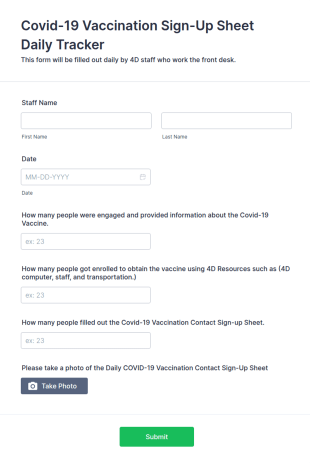 COVID 19 Vaccination Center Front Desk Daily Report Form Template