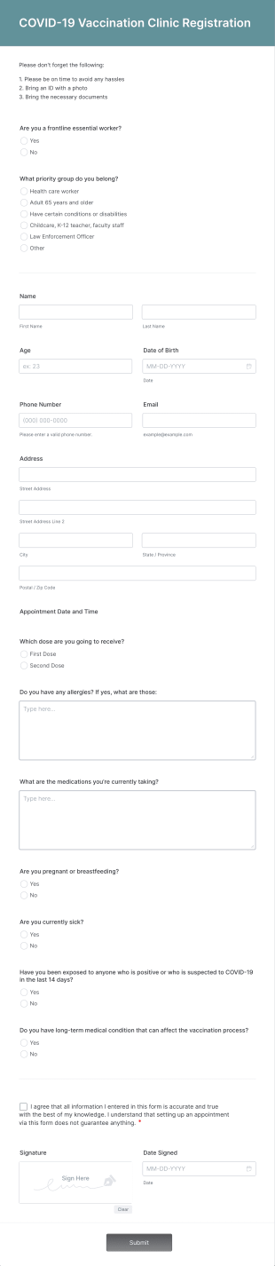 COVID 19 Vaccination Clinic Registration Form Template