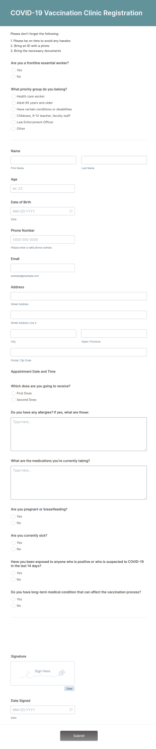 COVID 19 Vaccination Clinic Registration Form Template