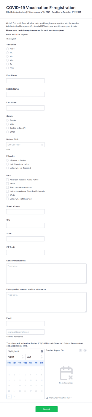 COVID 19 Vaccination E Registration Form Template