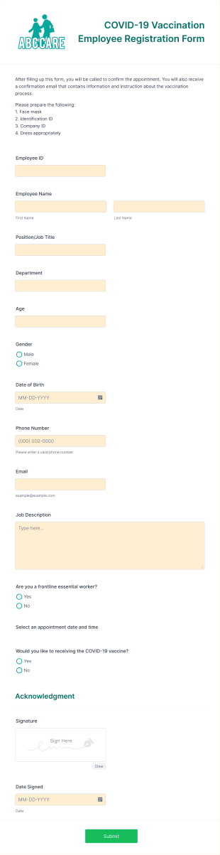 COVID 19 Vaccination Employee Registration Form Template