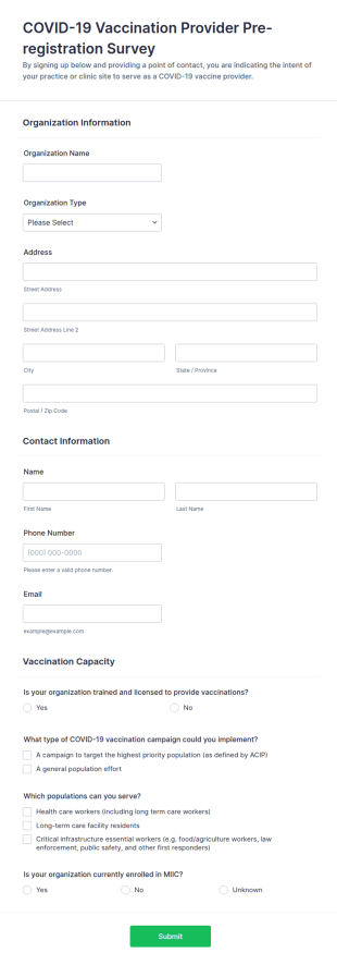 COVID 19 Vaccination Provider Pre Registration Survey Form Template